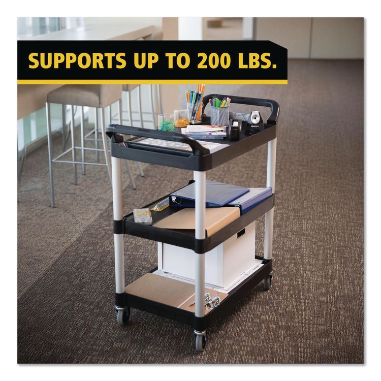 Three-Shelf Service Cart, Plastic, 3 Shelves, 200 lb Capacity, 18.63" x 33.63" x 37.75", Black