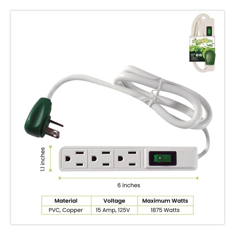 3 Outlet Power Strip, 2.5 ft Cord, White, 3/Pack