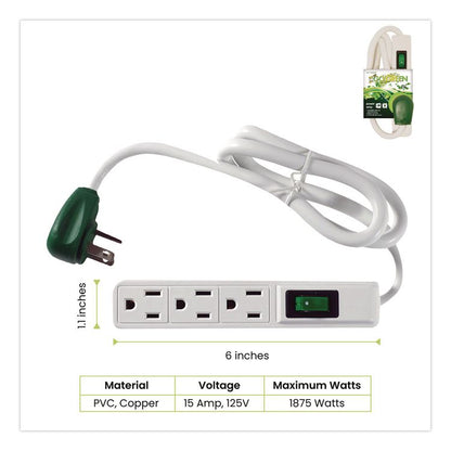 3 Outlet Power Strip, 2.5 ft Cord, White, 3/Pack
