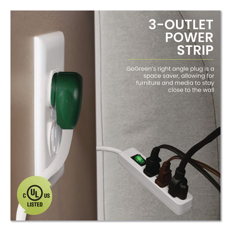 3 Outlet Power Strip, 2.5 ft Cord, White, 3/Pack