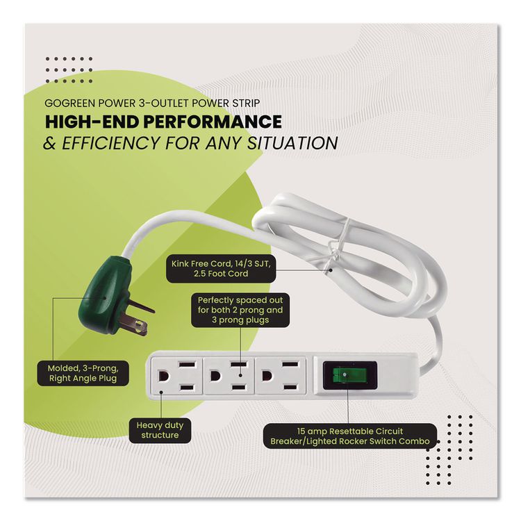 3 Outlet Power Strip, 2.5 ft Cord, White, 3/Pack