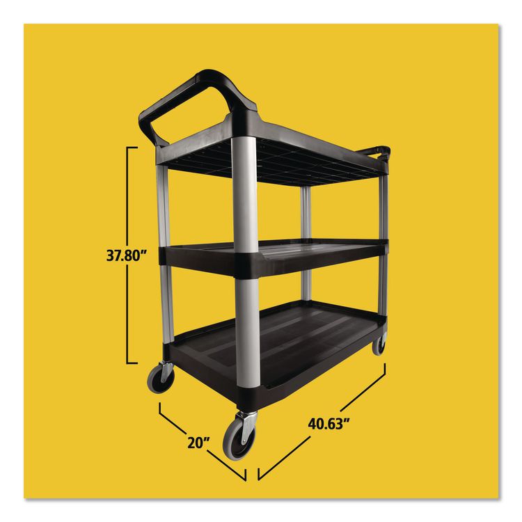 Xtra Utility Cart with Open Sides, Plastic, 3 Shelves, 300 lb Capacity, 40.63" x 20" x 37.81", Black