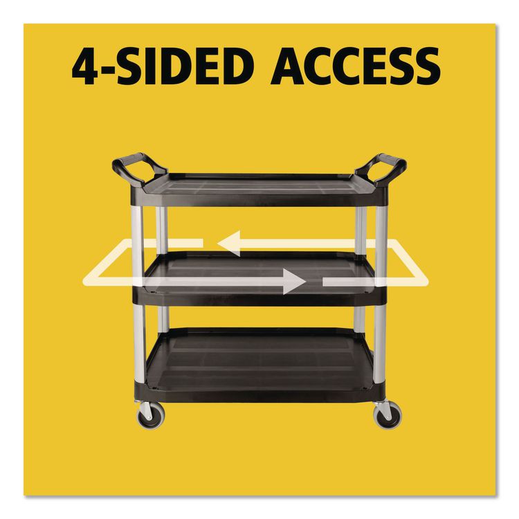 Xtra Utility Cart with Open Sides, Plastic, 3 Shelves, 300 lb Capacity, 40.63" x 20" x 37.81", Black