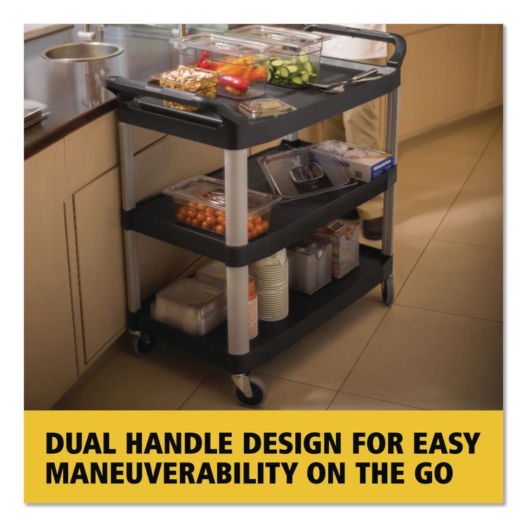 Xtra Utility Cart with Open Sides, Plastic, 3 Shelves, 300 lb Capacity, 40.63" x 20" x 37.81", Black