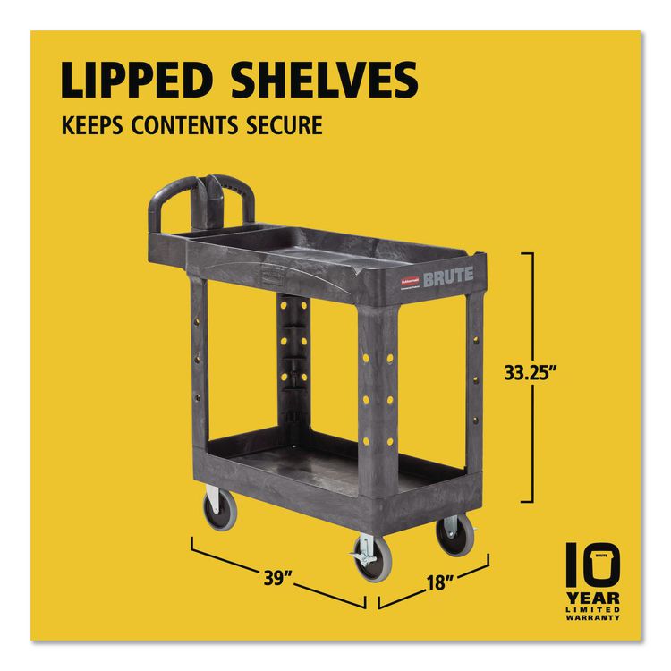 BRUTE Heavy-Duty Utility Cart with Lipped Shelves, Plastic, 2 Shelves, 500 lb Capacity, 17.13" x 38.5" x 38.88", Black