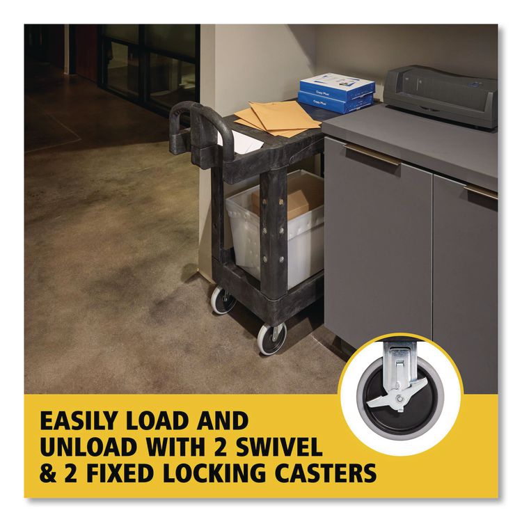 Flat Shelf Utility Cart, Plastic, 2 Shelves, 500 lb Capacity, 19.19" x 37.88" x 33.33", Black