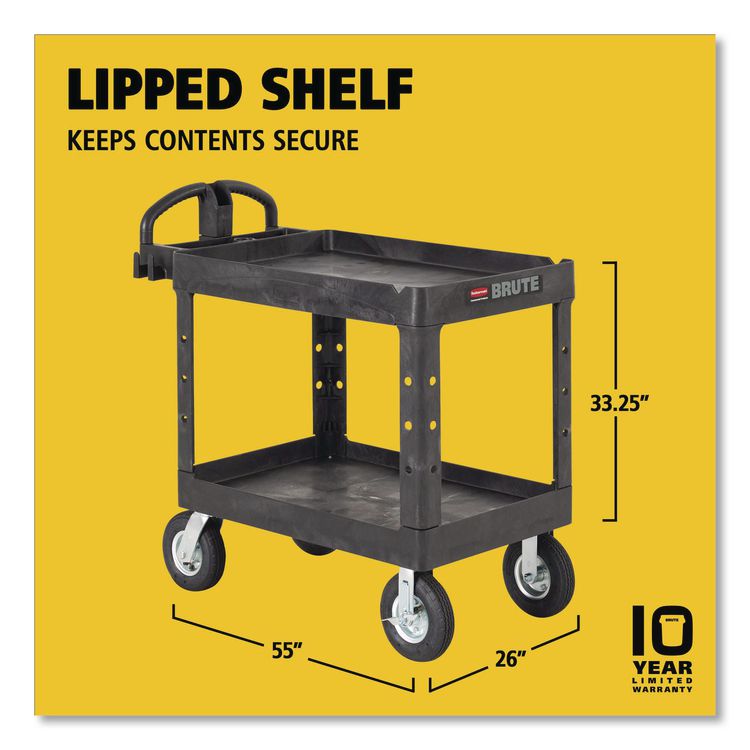 BRUTE Heavy-Duty Utility Cart with Lipped Shelves, Plastic, 2 Shelves, 500 lb Capacity, 25.88" x 45.25" x 37.13", Black
