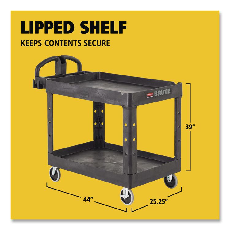 BRUTE Heavy-Duty Utility Cart with Lipped Shelves, Plastic, 2 Shelves, 500 lb Capacity, 25.9" x 45.2" x 32.2",  Black