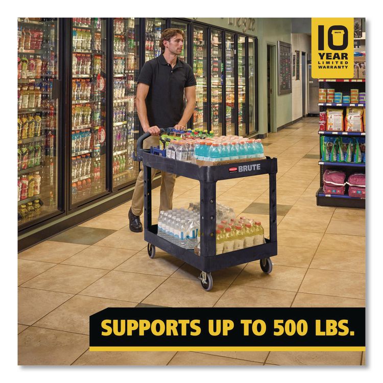 BRUTE Heavy-Duty Utility Cart with Lipped Shelves, Plastic, 2 Shelves, 500 lb Capacity, 25.9" x 45.2" x 32.2",  Black