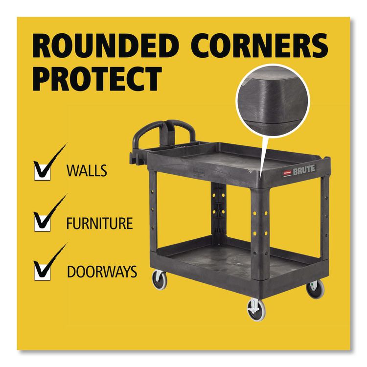BRUTE Heavy-Duty Utility Cart with Lipped Shelves, Plastic, 2 Shelves, 500 lb Capacity, 25.9" x 45.2" x 32.2",  Black
