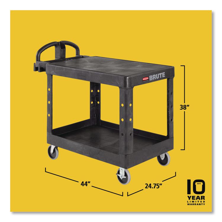 Flat Shelf Utility Cart, Plastic, 2 Shelves, 500 lb Capacity, 25.25" x 44" x 38.13", Black