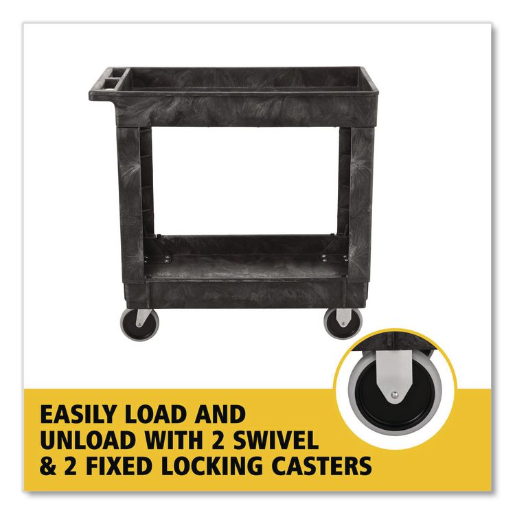 Heavy-Duty Utility Cart with Lipped Shelves, Plastic, 2 Shelves, 500 lb Capacity, 25.78" x 45.25" x 33.25", Black