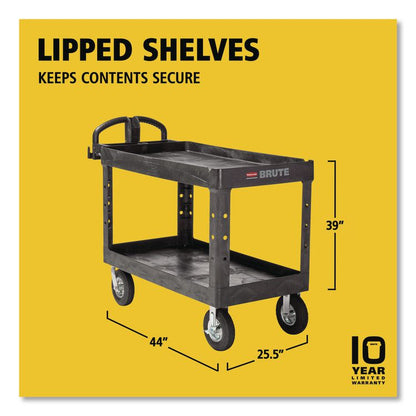 BRUTE Heavy-Duty Utility Cart with Lipped Shelves, Plastic, 2 Shelves, 750 lb Capacity, 25.25" x 54" x 39.25", Black