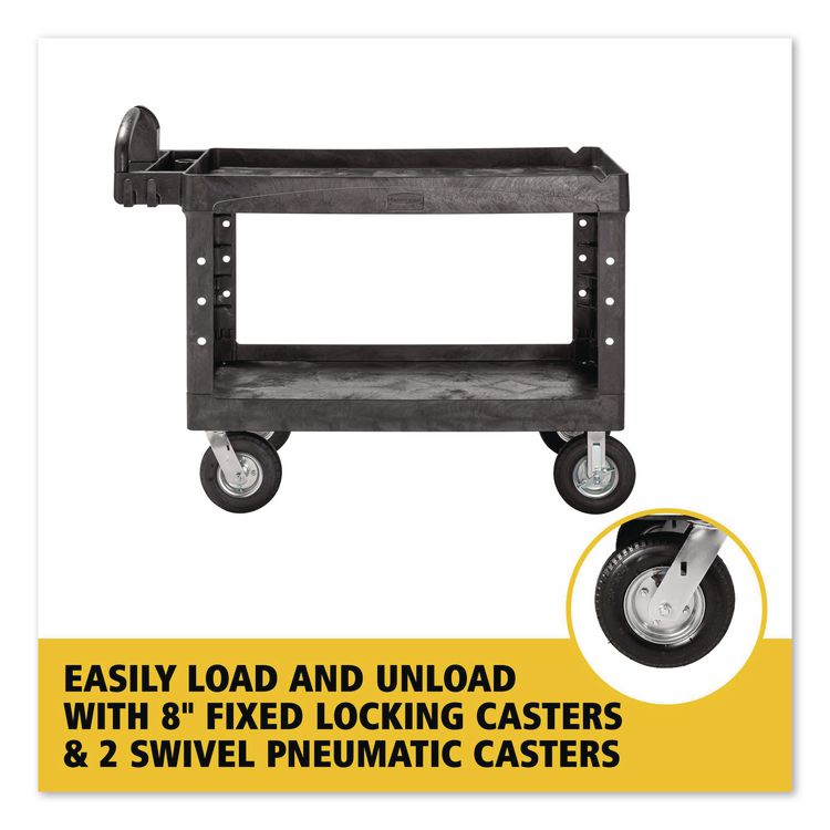 BRUTE Heavy-Duty Utility Cart with Lipped Shelves, Plastic, 2 Shelves, 750 lb Capacity, 25.25" x 54" x 39.25", Black