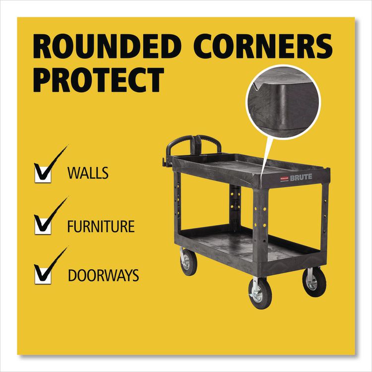 BRUTE Heavy-Duty Utility Cart with Lipped Shelves, Plastic, 2 Shelves, 750 lb Capacity, 25.25" x 54" x 39.25", Black