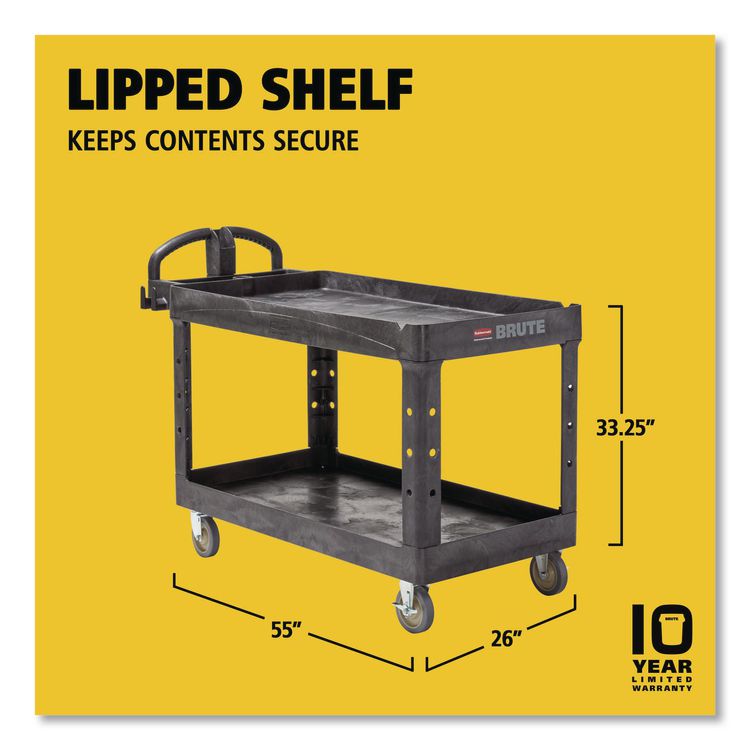 BRUTE Heavy-Duty Utility Cart with Lipped Shelves, Plastic, 2 Shelves, 750 lb Capacity, 26" x 55" x 33.25", Black