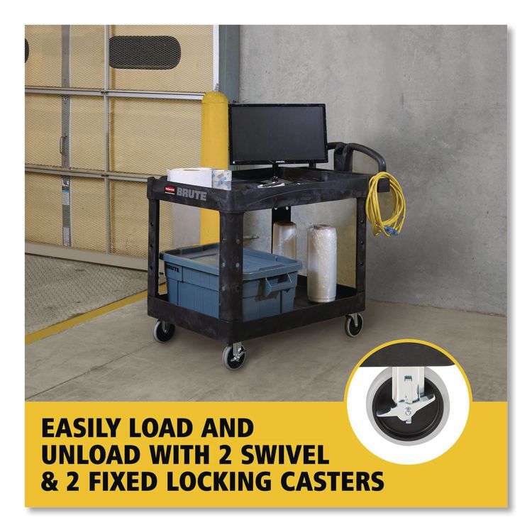 BRUTE Heavy-Duty Utility Cart with Lipped Shelves, Plastic, 2 Shelves, 750 lb Capacity, 26" x 55" x 33.25", Black