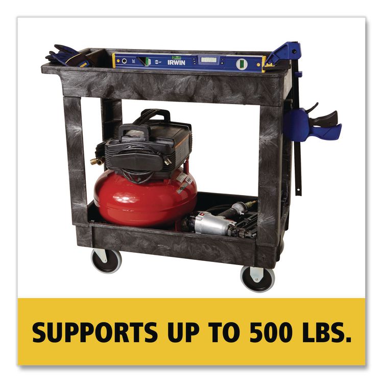 Heavy-Duty Flat-Handle Maintenance/Utility Cart, Plastic, 2 Shelves, 500 lb Capacity, 34.13" x 17.38" x 32.38", Black