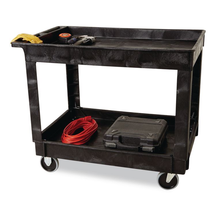 Heavy-Duty Flat-Handle Maintenance/Utility Cart, Plastic, 2 Shelves, 500 lb Capacity, 24" x 40" x 31.25", Black