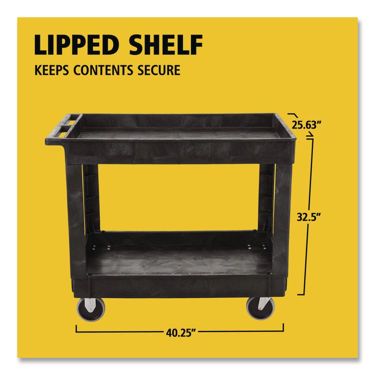 Heavy-Duty Flat-Handle Maintenance/Utility Cart, Plastic, 2 Shelves, 500 lb Capacity, 24" x 40" x 31.25", Black