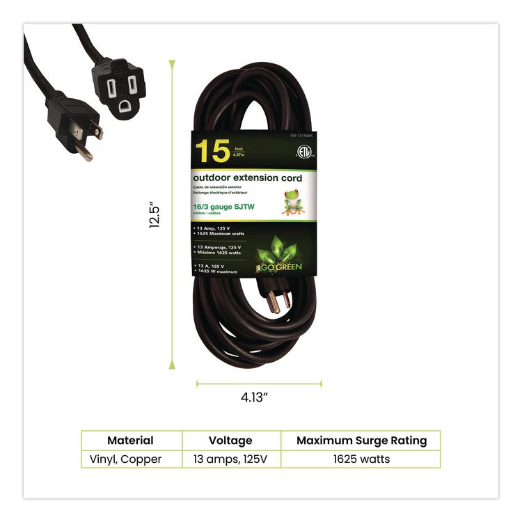 16 AWG Outdoor Extension Cord, 15 ft, 13 A, Black