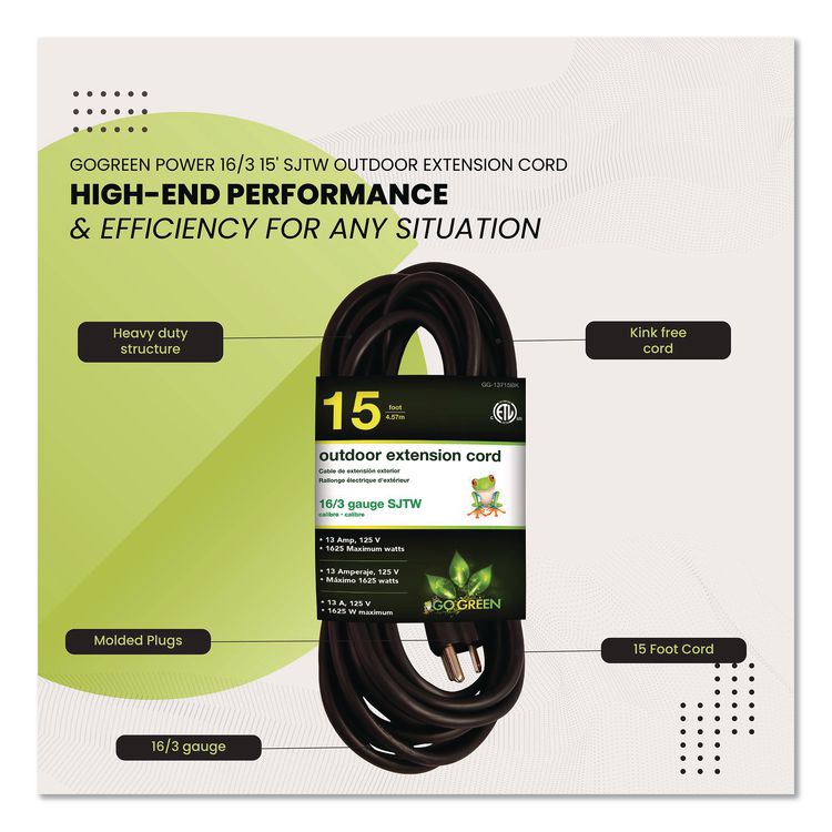 16 AWG Outdoor Extension Cord, 15 ft, 13 A, Black