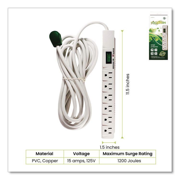 6 Outlet Surge Protector, 15 ft Cord, 1,200 J, White