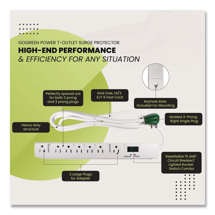 7 Outlet Surge Protector, 6 ft Cord, 1,200 J, White