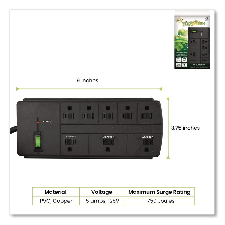 8 Outlet Surge Protector, 6 ft Cord, 750 J, Black