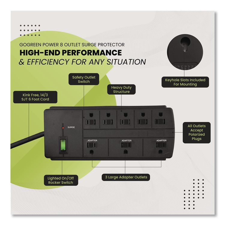 8 Outlet Surge Protector, 6 ft Cord, 750 J, Black
