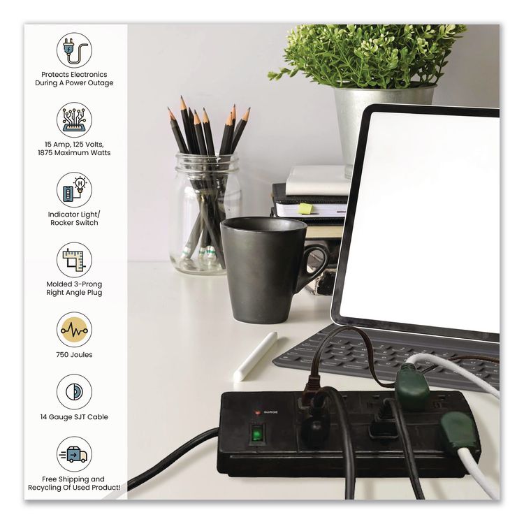8 Outlet Surge Protector, 6 ft Cord, 750 J, Black