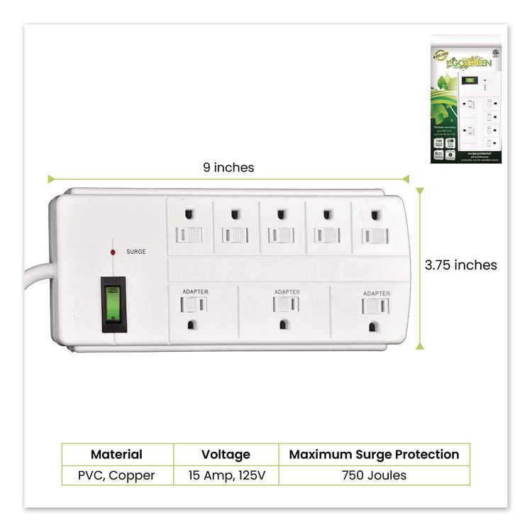 8 Outlet Surge Protector, 6 ft Cord, 750 J, White