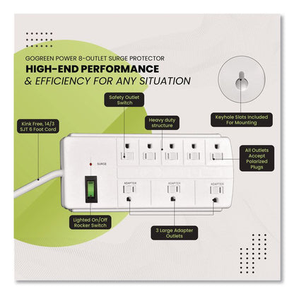 8 Outlet Surge Protector, 6 ft Cord, 750 J, White