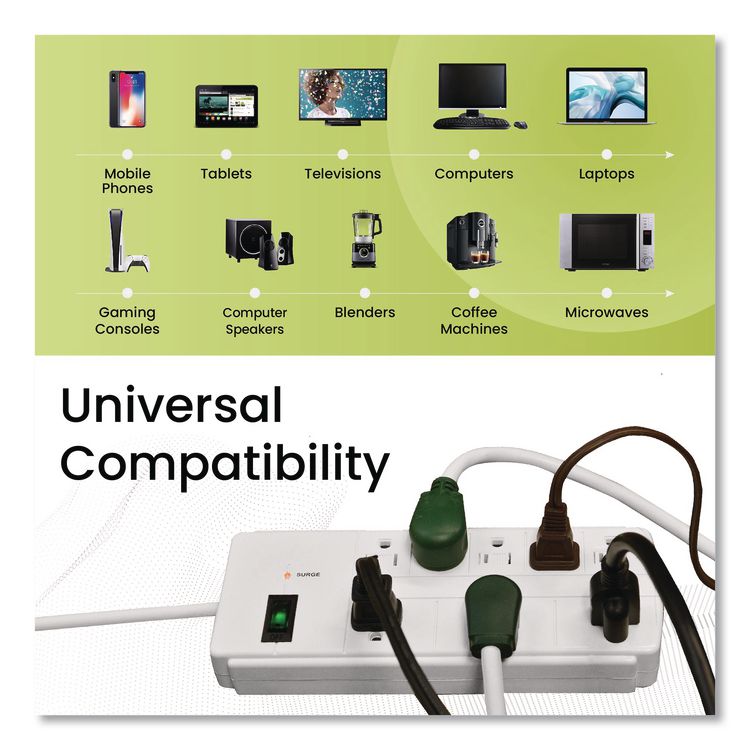 8 Outlet Surge Protector, 6 ft Cord, 750 J, White