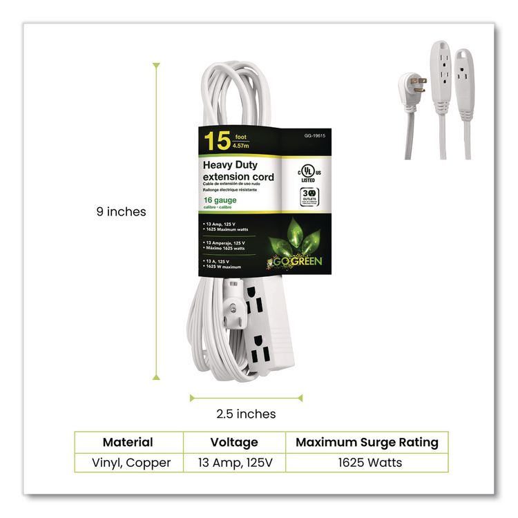 3 Outlet Indoor Extension Cord, 15 ft, 13 A, White