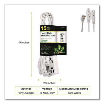 3 Outlet Indoor Extension Cord, 15 ft, 13 A, White