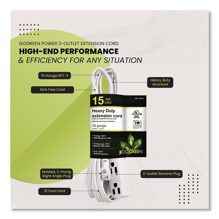 3 Outlet Indoor Extension Cord, 15 ft, 13 A, White