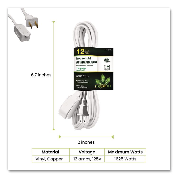Household Extension Cord, 12 ft, 13 A, White, 3/Pack