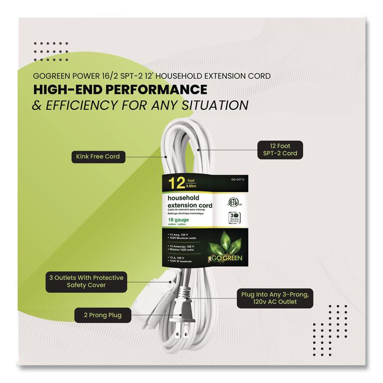 Household Extension Cord, 12 ft, 13 A, White, 3/Pack