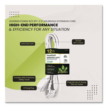 Household Extension Cord, 12 ft, 13 A, White, 3/Pack