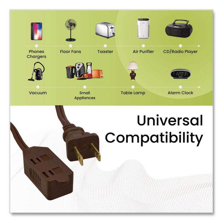 Household Extension Cord, 6 ft, 13 A, Brown, 10/Pack