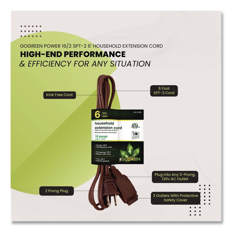 Household Extension Cord, 6 ft, 13 A, Brown, 10/Pack