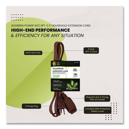 Household Extension Cord, 6 ft, 13 A, Brown, 10/Pack