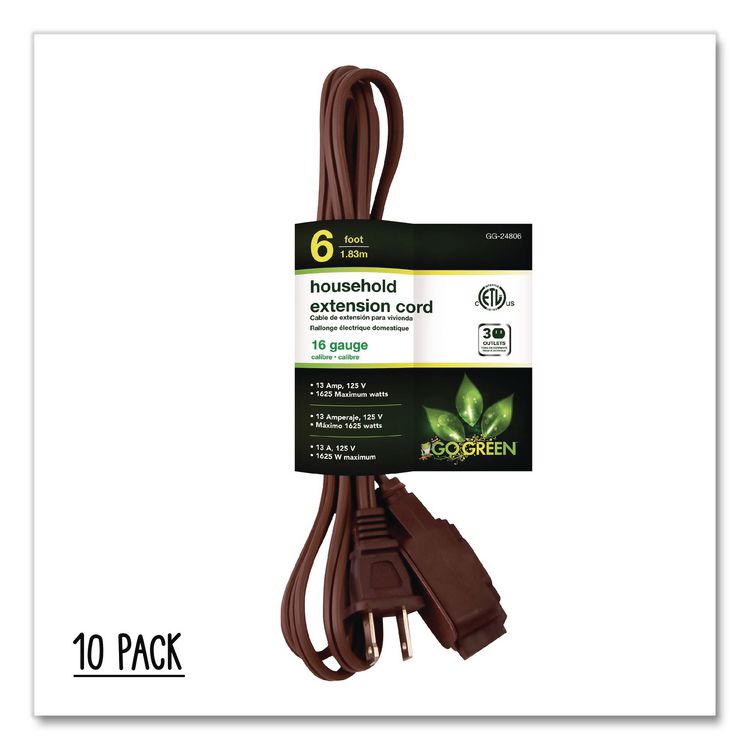 Household Extension Cord, 6 ft, 13 A, Brown, 10/Pack