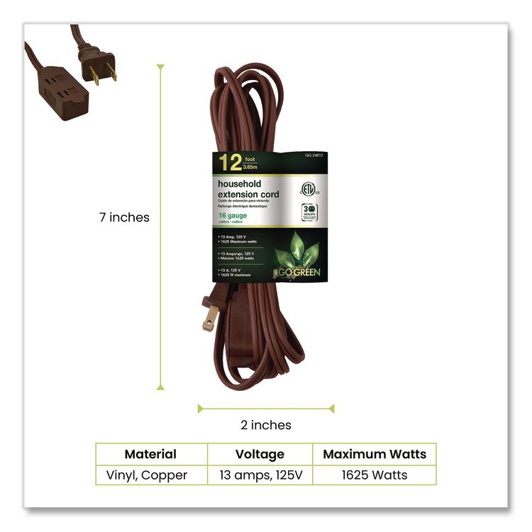 Household Extension Cord, 12 ft, 13 A, Brown, 3/Pack