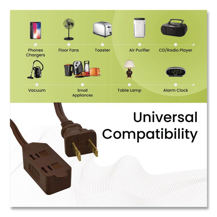 Household Extension Cord, 12 ft, 13 A, Brown, 3/Pack