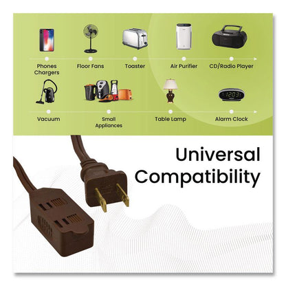 Household Extension Cord, 12 ft, 13 A, Brown, 3/Pack