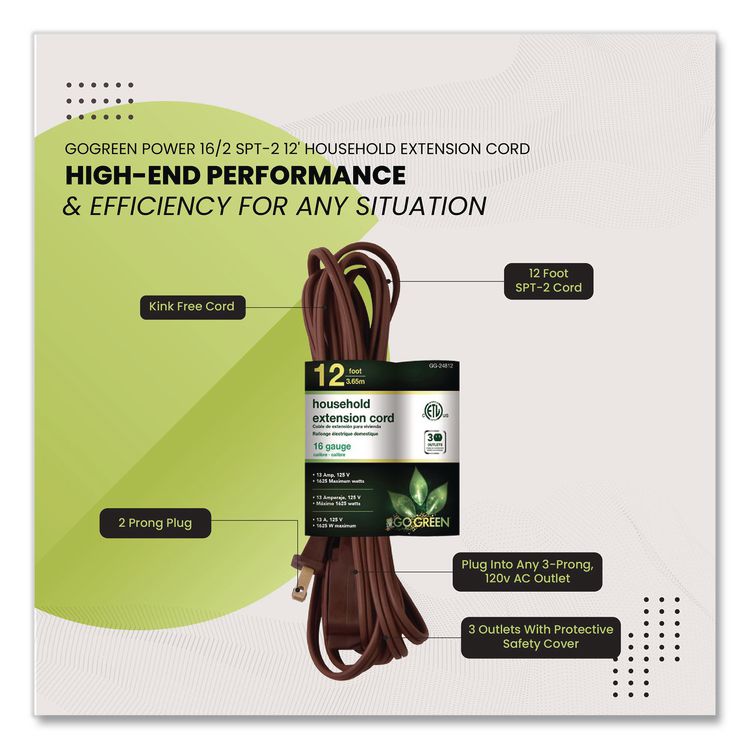 Household Extension Cord, 12 ft, 13 A, Brown, 3/Pack