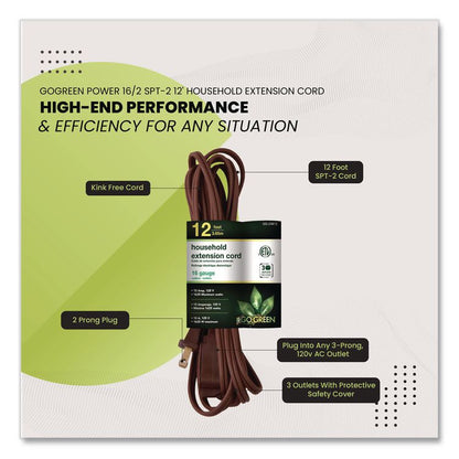 Household Extension Cord, 12 ft, 13 A, Brown, 3/Pack