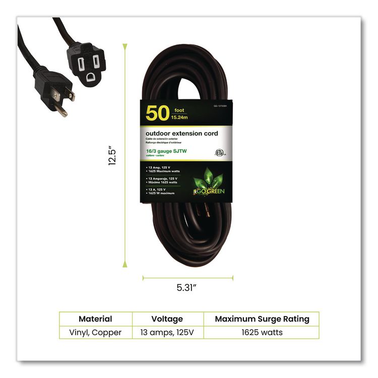16 AWG Outdoor Extension Cord, 50 ft, 13 A,  Black